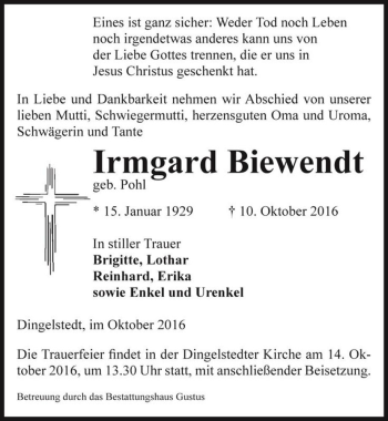 Traueranzeige von Irmgard Biewendt (geb. Pohl)  von Magdeburger Volksstimme