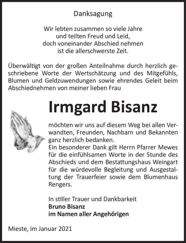  Traueranzeige für Irmgard Bisanz  vom 30.01.2021 aus Magdeburger Volksstimme
