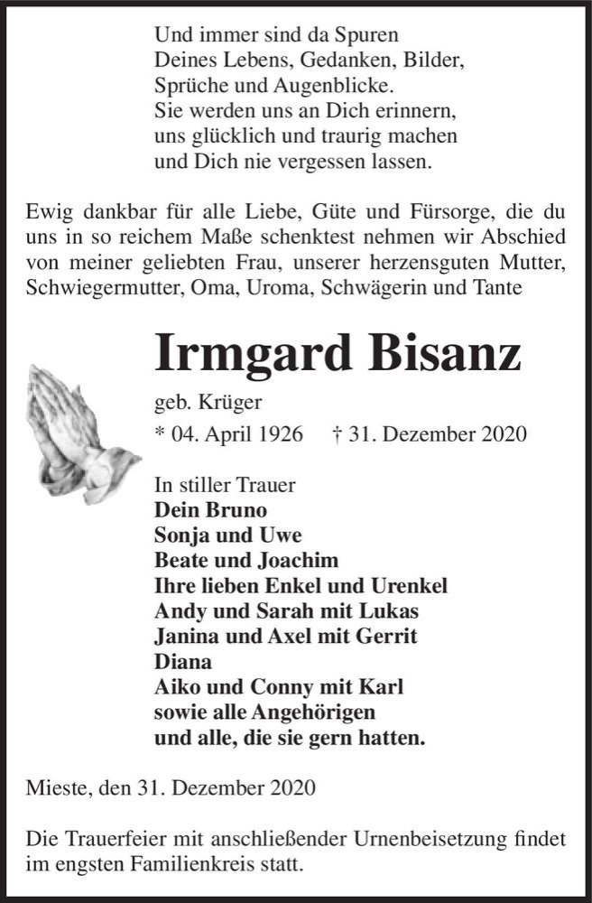  Traueranzeige für Irmgard Bisanz (geb. Krüger)  vom 05.01.2021 aus Magdeburger Volksstimme