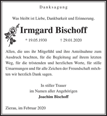 Traueranzeige von Irmgard Bischoff  von Magdeburger Volksstimme