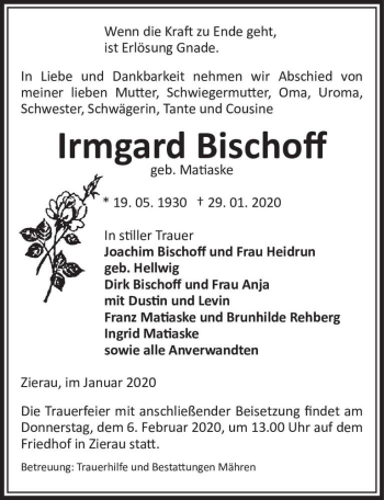 Traueranzeige von Irmgard Bischoff (geb. Matiaske)  von Magdeburger Volksstimme