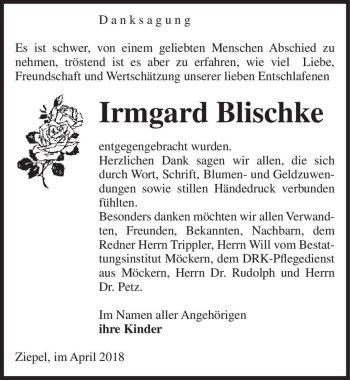 Traueranzeige von Irmgard Blischke  von Magdeburger Volksstimme