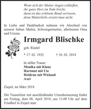 Traueranzeige von Irmgard Blischke (geb. Riedel)  von Magdeburger Volksstimme