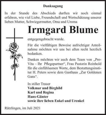 Traueranzeige von Irmgard Blume  von Magdeburger Volksstimme