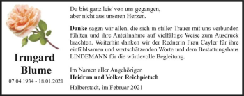 Traueranzeige von Irmgard Blume  von Magdeburger Volksstimme