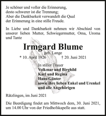 Traueranzeige von Irmgard Blume (geb. Lange)  von Magdeburger Volksstimme