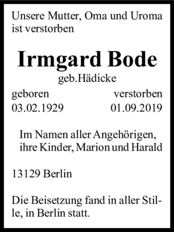Traueranzeige von Irmgard Bode (geb. Hädicke)  von Magdeburger Volksstimme