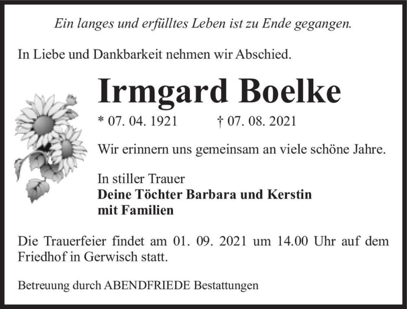  Traueranzeige für Irmgard Boelke  vom 14.08.2021 aus Magdeburger Volksstimme