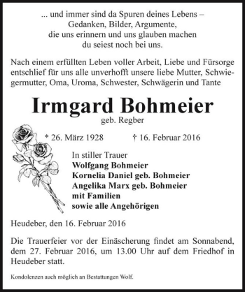 Traueranzeige von Irmgard Bohmeier (geb. Regber)  von Magdeburger Volksstimme