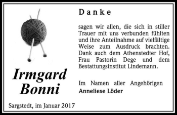 Traueranzeige von Irmgard Bonni  von Magdeburger Volksstimme