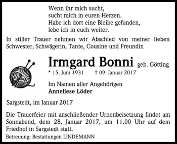 Traueranzeige von Irmgard Bonni (geb. Götting)  von Magdeburger Volksstimme