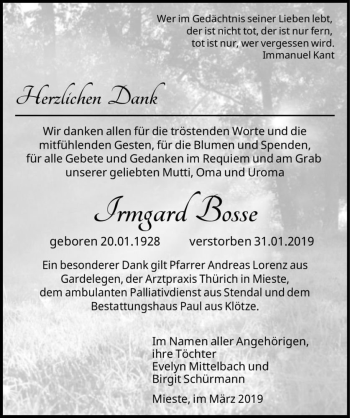 Traueranzeige von Irmgard Bosse  von Magdeburger Volksstimme