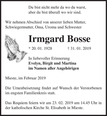 Traueranzeige von Irmgard Bosse  von Magdeburger Volksstimme