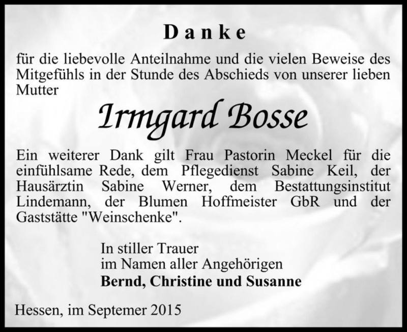  Traueranzeige für Irmgard Bosse  vom 09.09.2015 aus Magdeburger Volksstimme