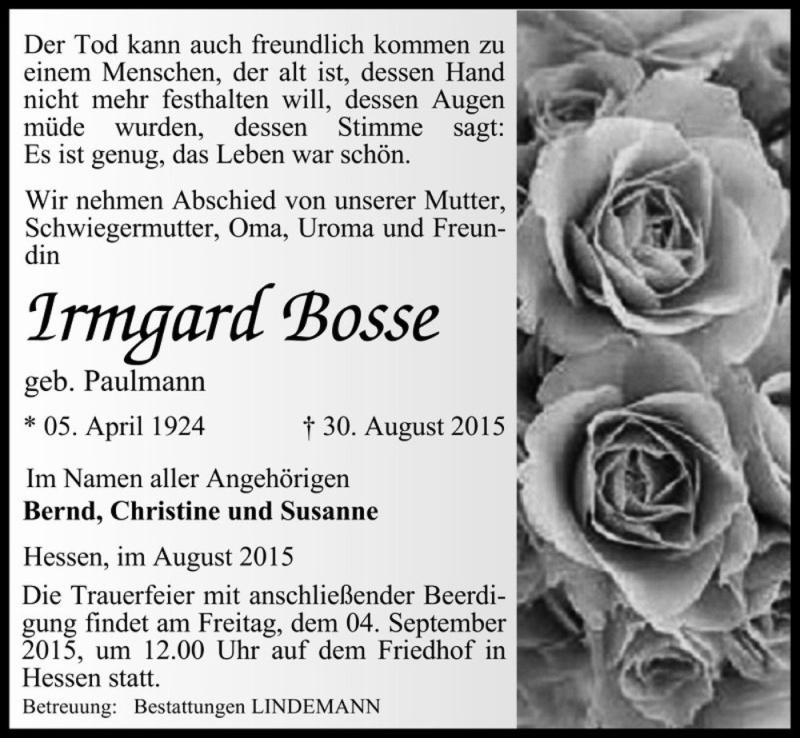  Traueranzeige für Irmgard Bosse (geb. Paulmann)  vom 02.09.2015 aus Magdeburger Volksstimme