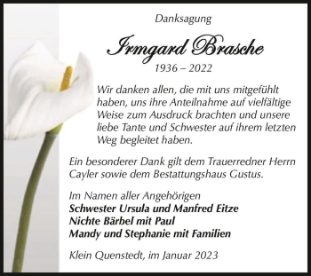 Traueranzeige von Irmgard Brasche  von Magdeburger Volksstimme