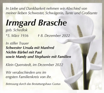 Traueranzeige von Irmgard Brasche (geb. Schedlok)  von Magdeburger Volksstimme