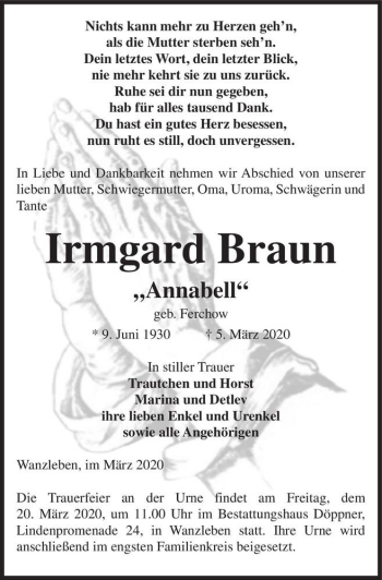Traueranzeige von Irmgard Braun 