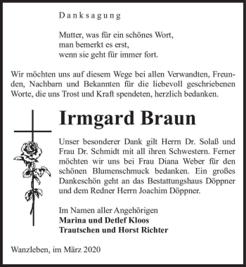 Traueranzeige von Irmgard Braun  von Magdeburger Volksstimme