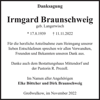 Traueranzeige von Irmgard Braunschweig (geb. Langerwisch)  von Magdeburger Volksstimme