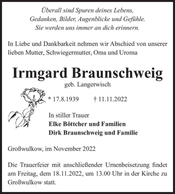 Traueranzeige von Irmgard Braunschweig (geb. Langerwisch)  von Magdeburger Volksstimme