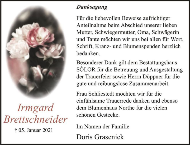  Traueranzeige für Irmgard Brettschneider  vom 13.02.2021 aus Magdeburger Volksstimme