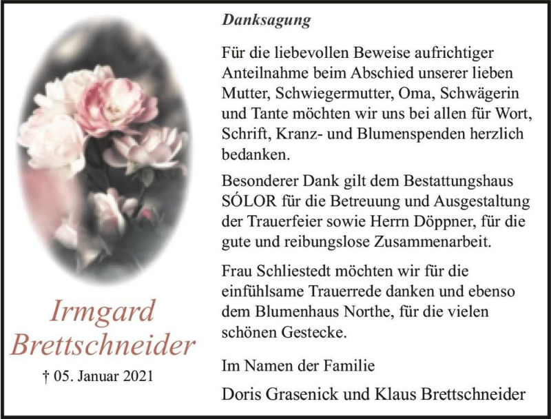 Traueranzeige für Irmgard Brettschneider  vom 20.02.2021 aus Magdeburger Volksstimme