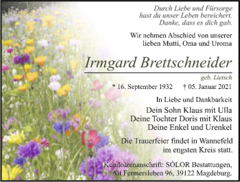 Traueranzeige von Irmgard Brettschneider (geb. Lietsch)  von Magdeburger Volksstimme