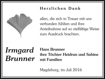 Traueranzeige von Irmgard Brunner  von Magdeburger Volksstimme