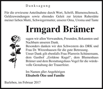 Traueranzeige von Irmgard Brämer  von Magdeburger Volksstimme