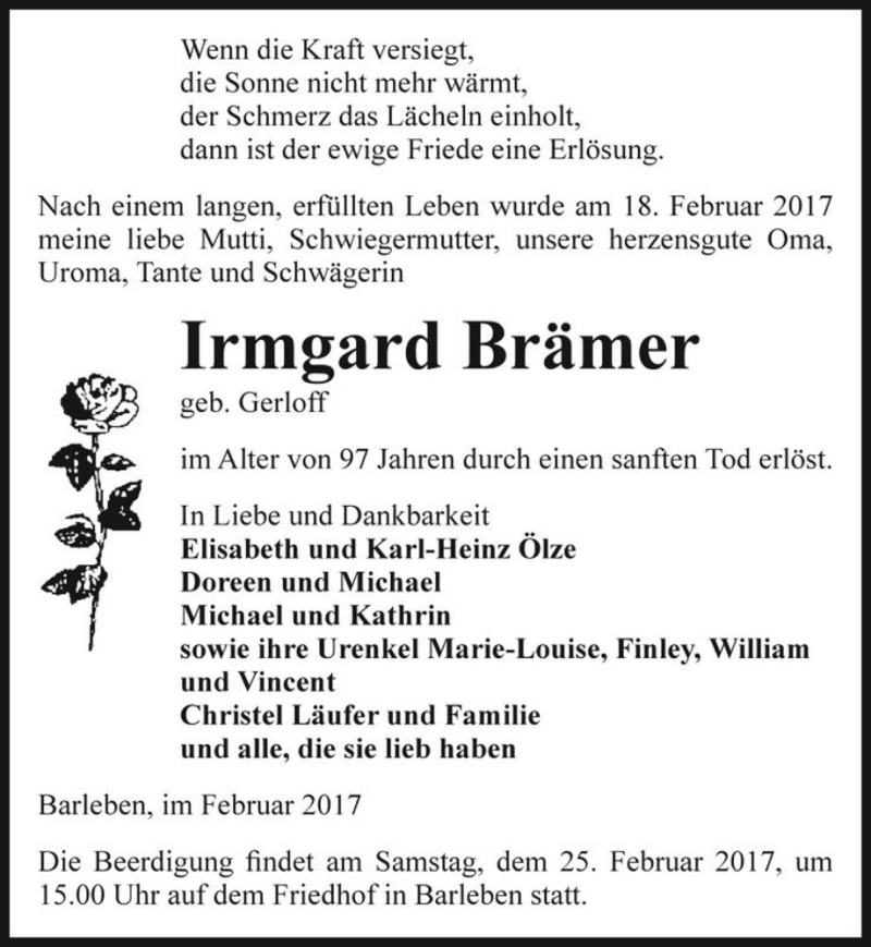  Traueranzeige für Irmgard Brämer (geb. Gerloff)  vom 21.02.2017 aus Magdeburger Volksstimme