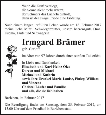Traueranzeige von Irmgard Brämer (geb. Gerloff)  von Magdeburger Volksstimme