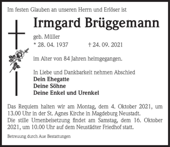 Traueranzeige von Irmgard Brüggemann (geb. Müller)  von Magdeburger Volksstimme