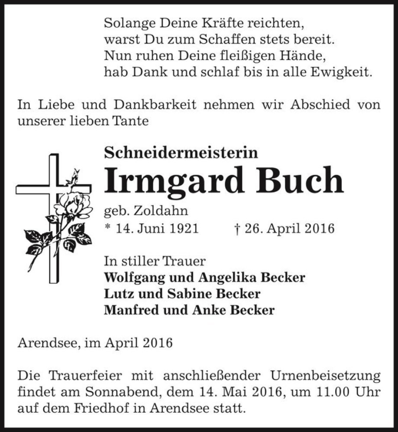  Traueranzeige für Irmgard Buch (geb. Zoldahn)  vom 03.05.2016 aus Magdeburger Volksstimme