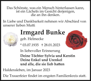 Traueranzeige von Irmgard Bunke (geb. Helmecke)  von Magdeburger Volksstimme