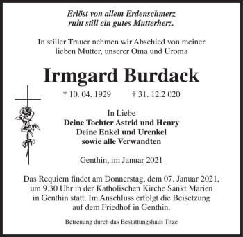 Traueranzeige von Irmgard Burdack  von Magdeburger Volksstimme