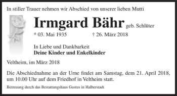 Traueranzeige von Irmgard Bähr (geb. Schlüter)  von Magdeburger Volksstimme