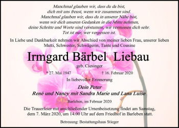 Traueranzeige von Irmgard Bärbel Liebau (geb. Ciesinger)  von Magdeburger Volksstimme