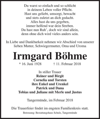 Traueranzeige von Irmgard Böhme  von Magdeburger Volksstimme
