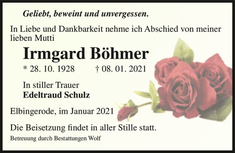  Traueranzeige für Irmgard Böhmer  vom 16.01.2021 aus Magdeburger Volksstimme