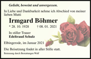 Traueranzeige von Irmgard Böhmer  von Magdeburger Volksstimme