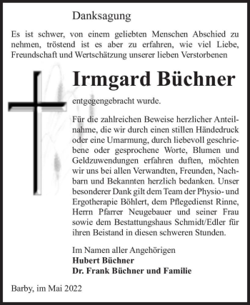 Traueranzeige von Irmgard Büchner  von Magdeburger Volksstimme