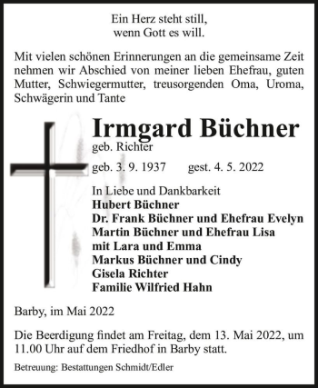 Traueranzeige von Irmgard Büchner (geb. Richter)  von Magdeburger Volksstimme