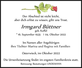 Traueranzeige von Irmgard Büttner (geb. Kuffel)  von Magdeburger Volksstimme