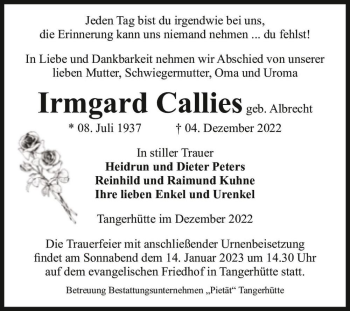 Traueranzeige von Irmgard Callies (geb. Albrecht)  von Magdeburger Volksstimme