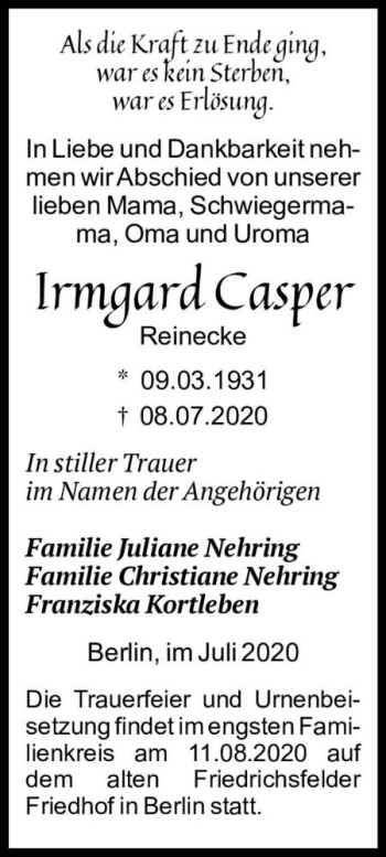 Traueranzeige von Irmgard Casper (Reinecke)  von Magdeburger Volksstimme