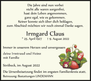 Traueranzeige von Irmgard Claus  von Magdeburger Volksstimme