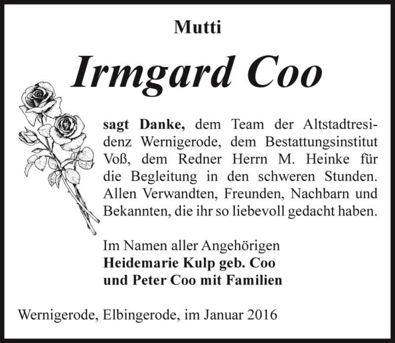  Traueranzeige für Irmgard Coo  vom 13.02.2016 aus Magdeburger Volksstimme
