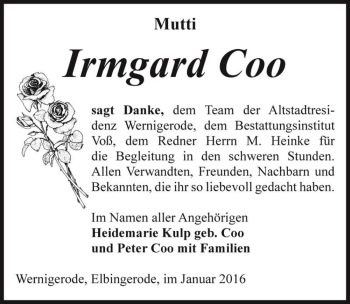 Traueranzeige von Irmgard Coo  von Magdeburger Volksstimme