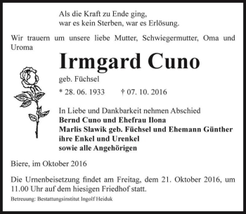 Traueranzeige von Irmgard Cuno (geb. Füchsel)  von Magdeburger Volksstimme